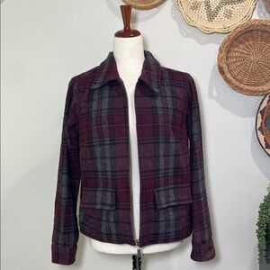 Women’s Wool Blend Zip Up Blazer Jacket Burgundy Gray Plaid Vintage Size Small